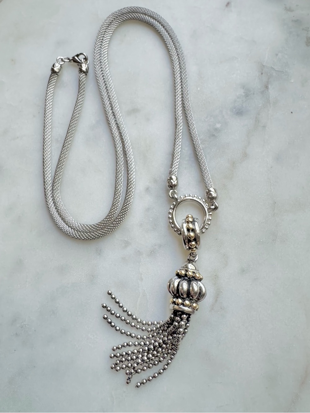Silver Mesh Chain Necklace with Detachable Two-tone Multi-Strand Tassel